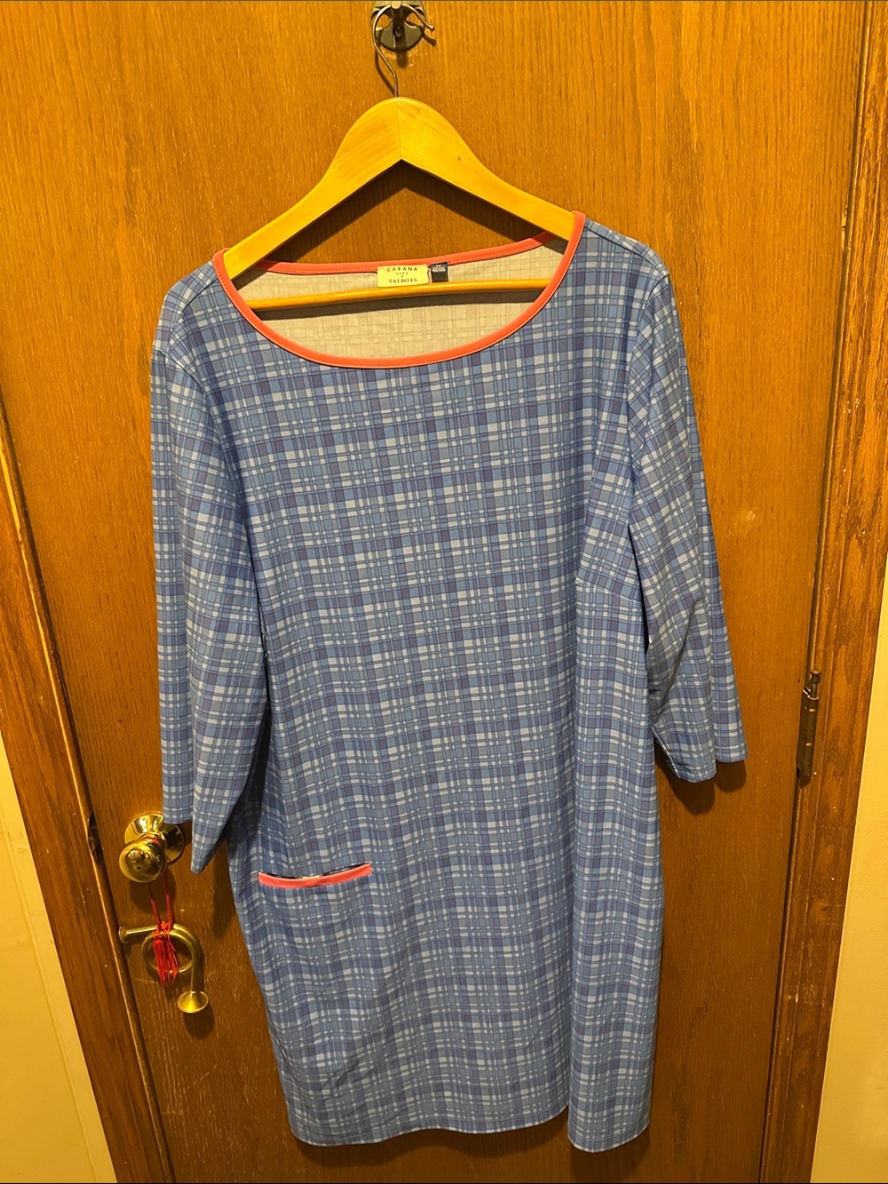 Talbots Blue Plaid Long Sleeve Shift Dress with Coral Trim